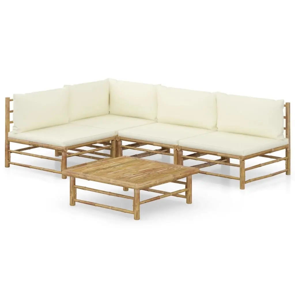5 Piece Garden Lounge Set with Cream White Cushions Bamboo 3058241 - Furniture