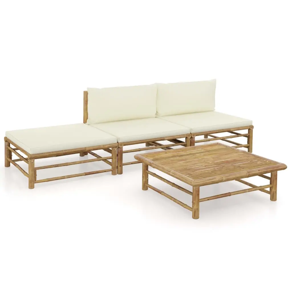 4 Piece Garden Lounge Set with Cream White Cushions Bamboo 3058243 - Furniture