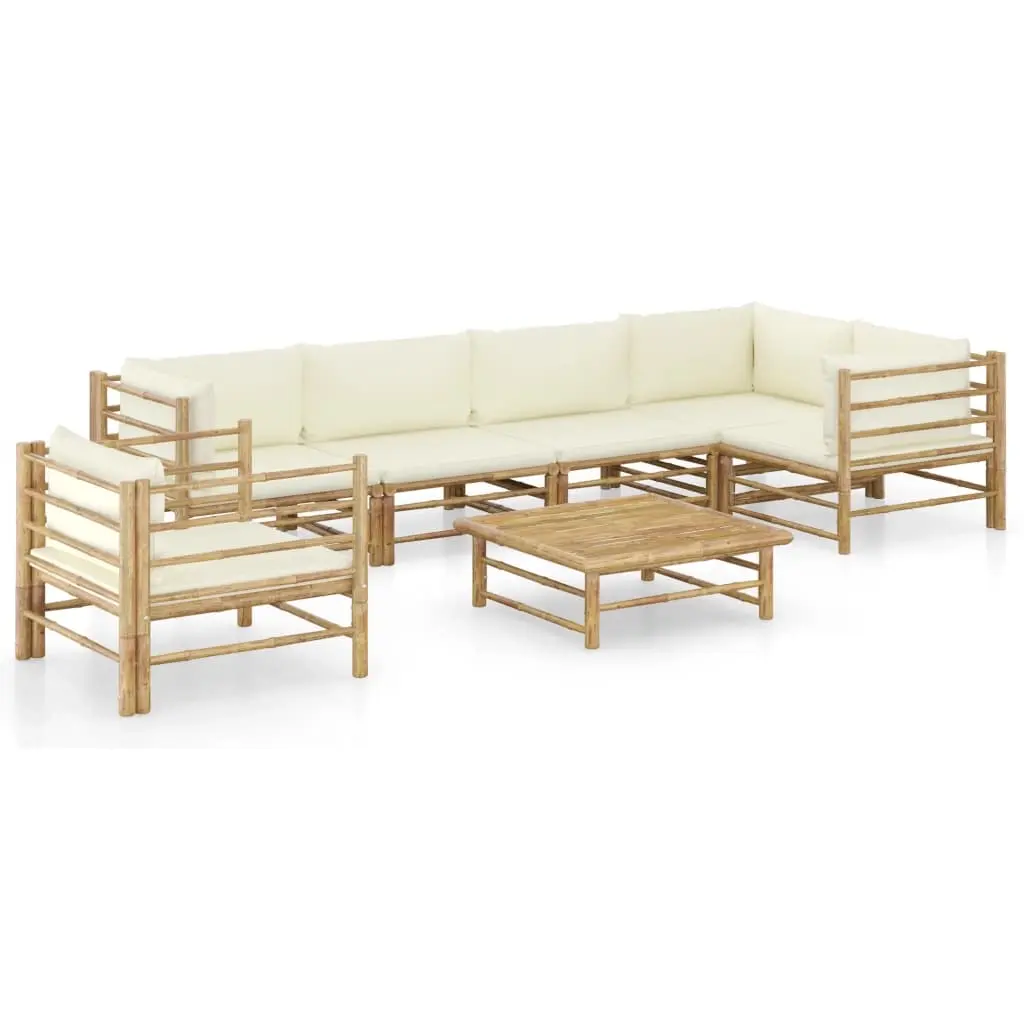 7 Piece Garden Lounge Set with Cream White Cushions Bamboo 3058247 - Furniture
