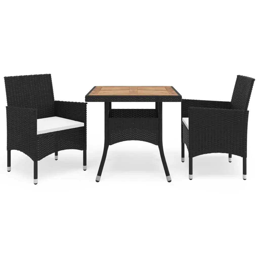 3 Piece Garden Dining Set Black Poly Rattan and Acacia Wood 3058312 - Furniture