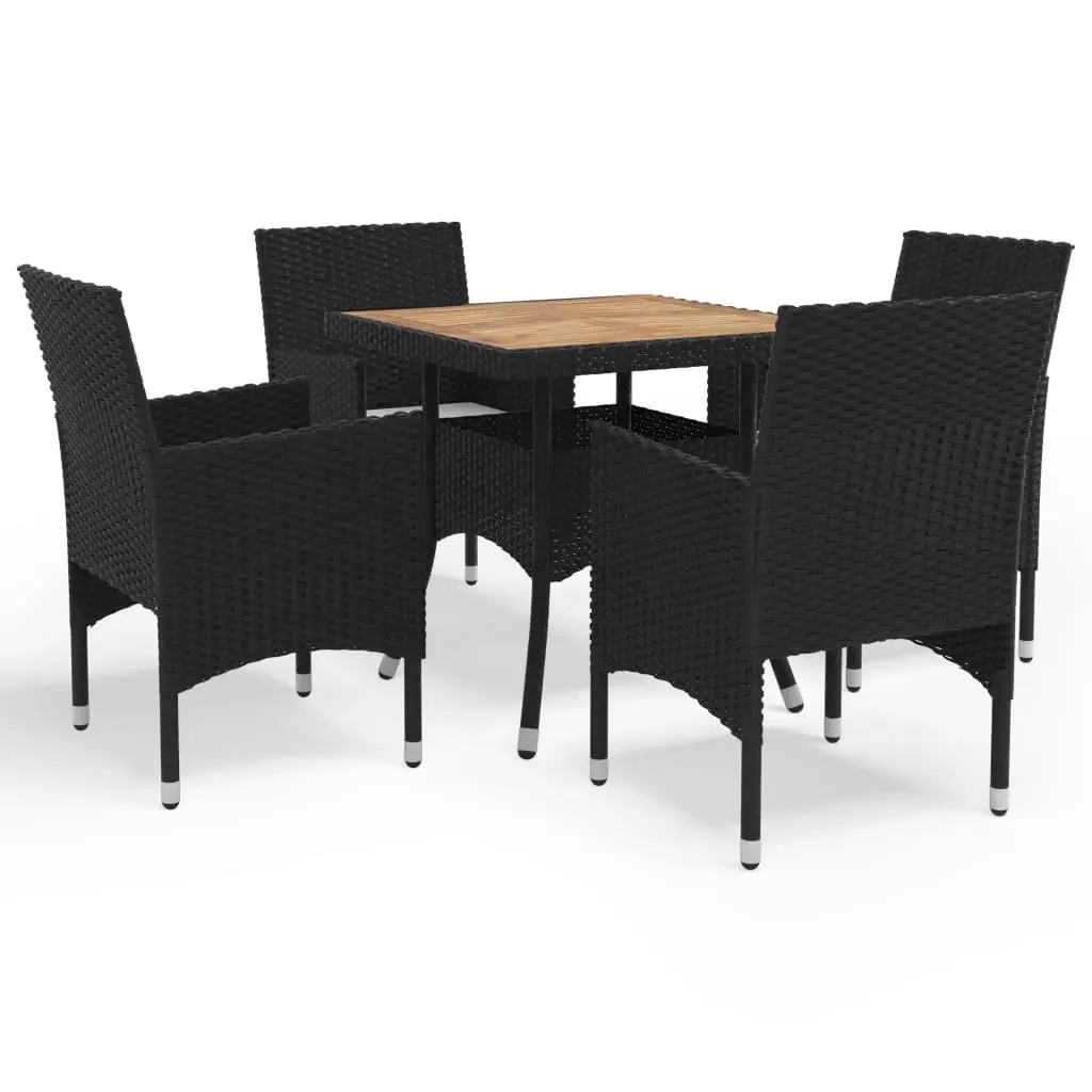 5 Piece Garden Dining Set Black Poly Rattan and Acacia Wood 3058322 - Furniture