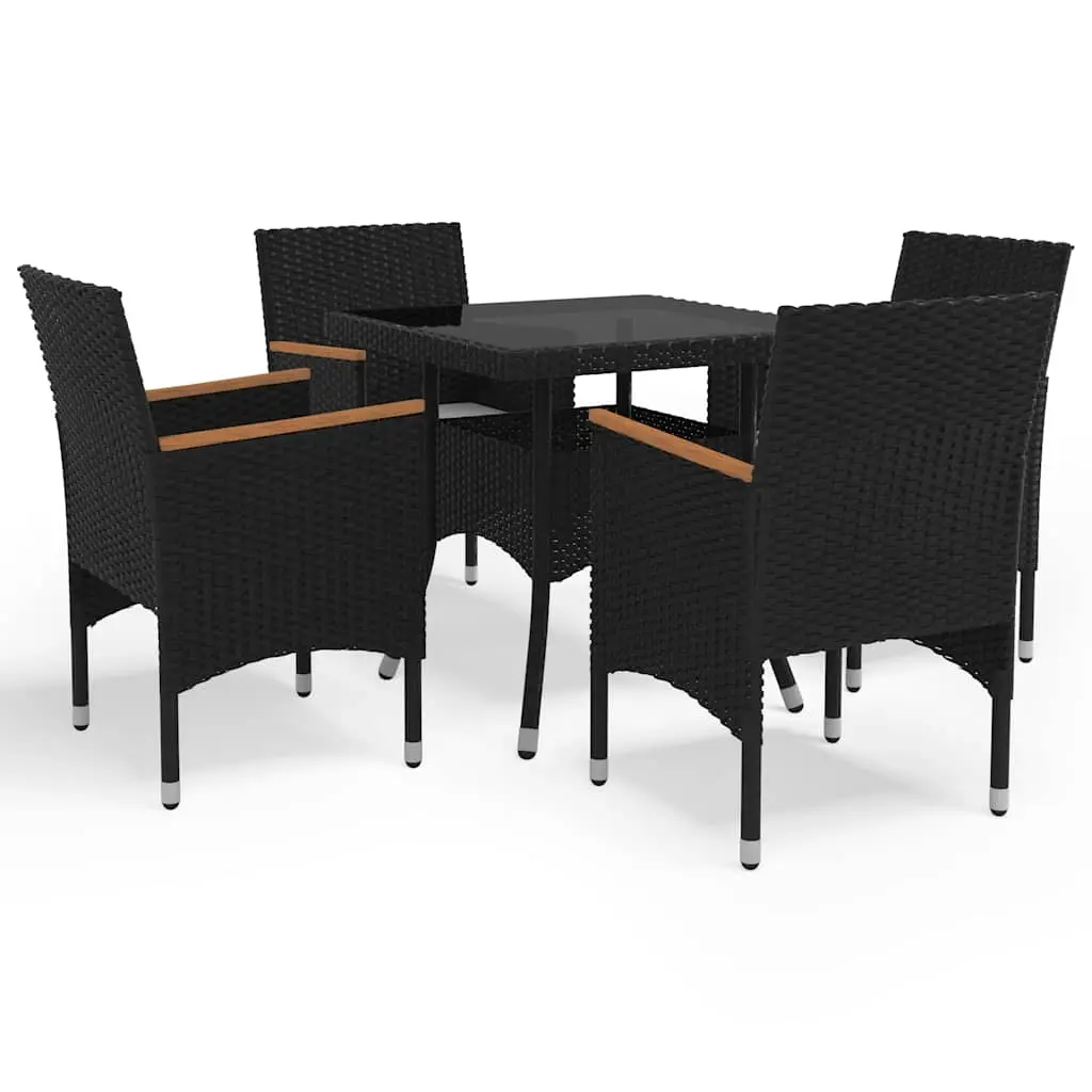 5 Piece Garden Dining Set Black Poly Rattan and Acacia Wood 3058324 - Furniture