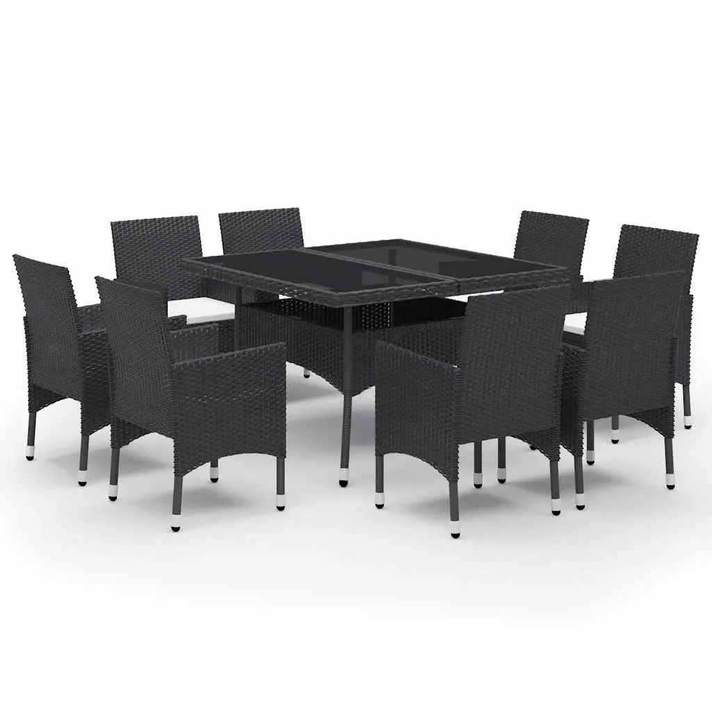 9 Piece Garden Dining Set Poly Rattan and Glass Black 3058338 - Furniture