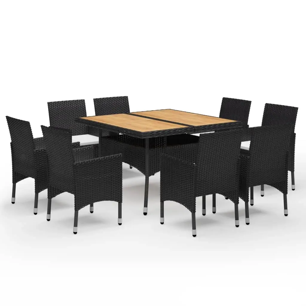 9 Piece Garden Dining Set Poly Rattan and Acacia Wood Black 3058342 - Furniture
