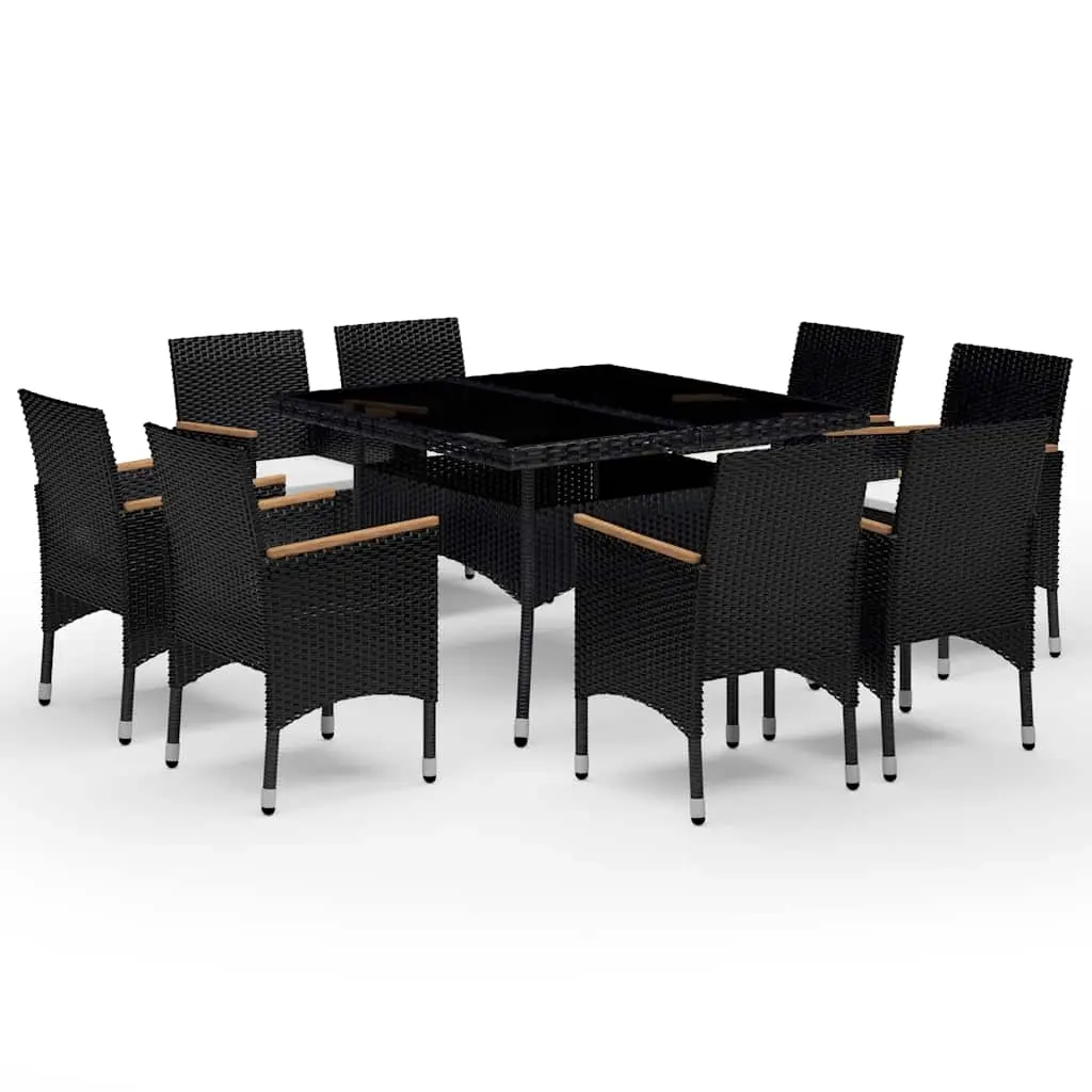 9 Piece Garden Dining Set Poly Rattan and Acacia Wood Black 3058344 - Furniture