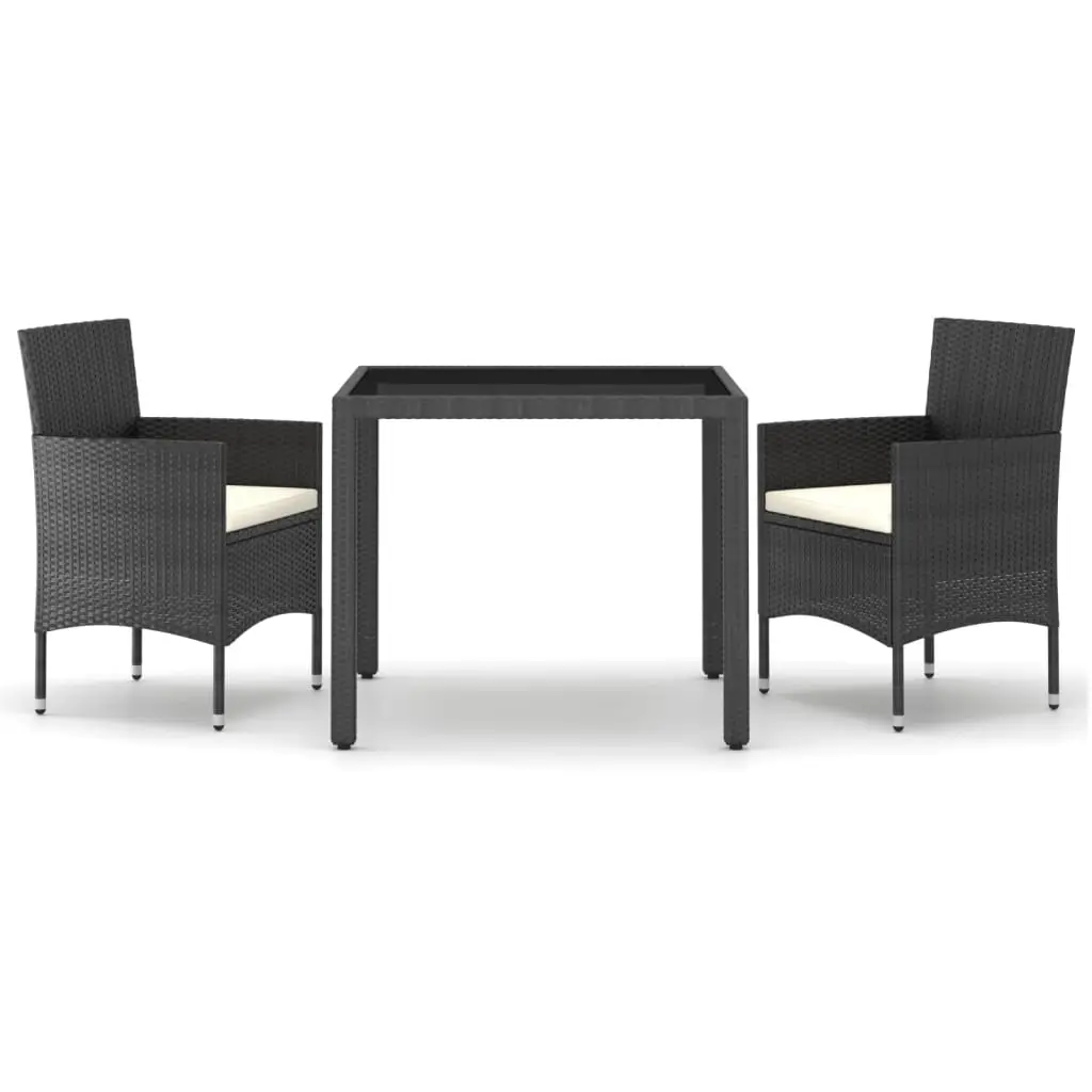 3 Piece Garden Dining Set Poly Rattan and Tempered Glass Black 3058398 - Furniture