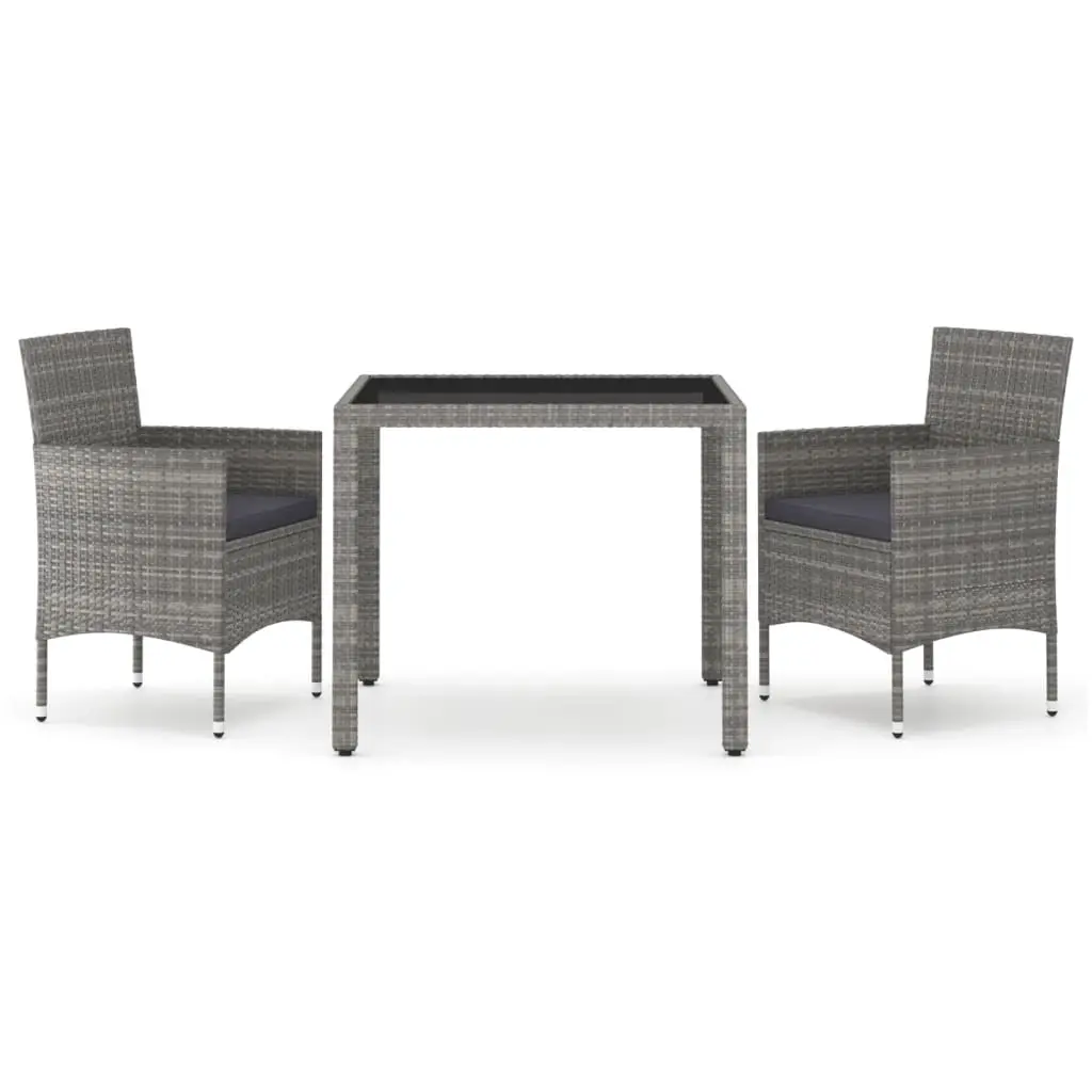 3 Piece Garden Dining Set Poly Rattan and Tempered Glass Grey 3058399 - Furniture