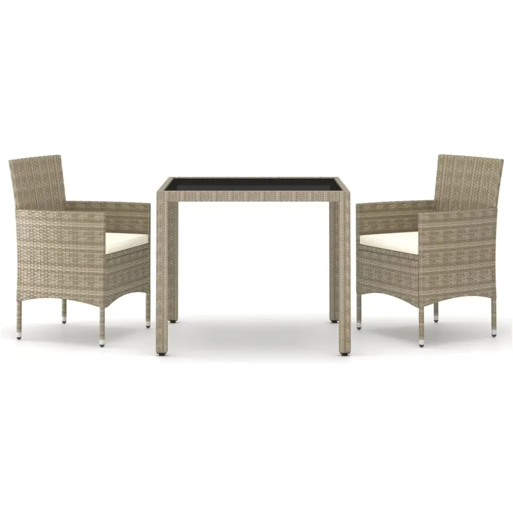 3 Piece Garden Dining Set Poly Rattan and Tempered Glass Beige 3058400 - Furniture