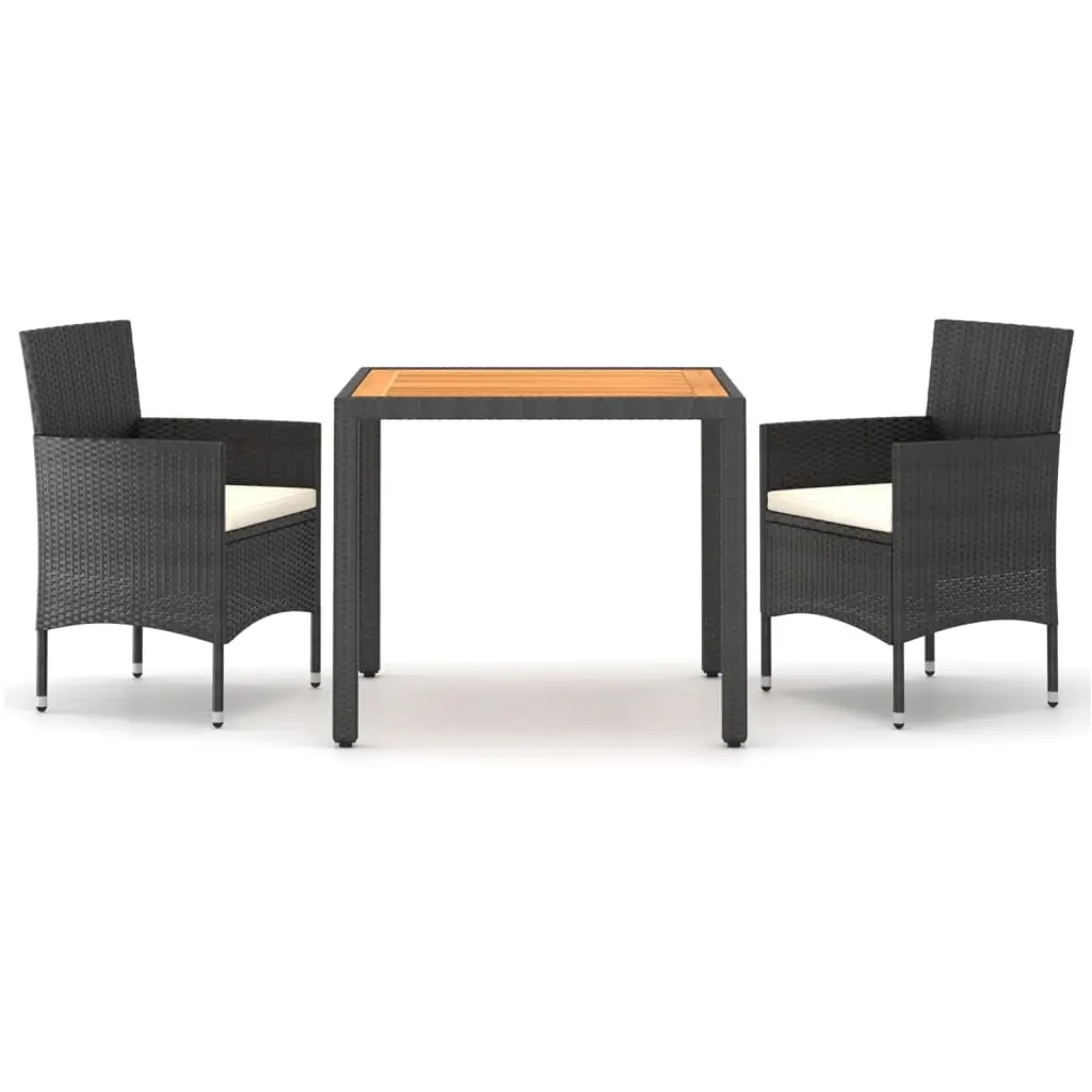 3 Piece Garden Dining Set Poly Rattan & Solid Acacia Wood Black 3058402 - Furniture