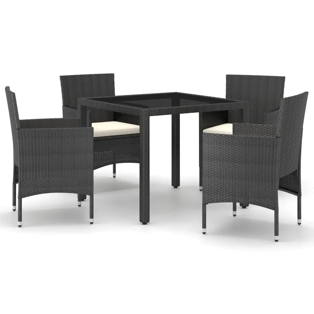 5 Piece Garden Dining Set Poly Rattan and Tempered Glass Black 3058408 - Furniture