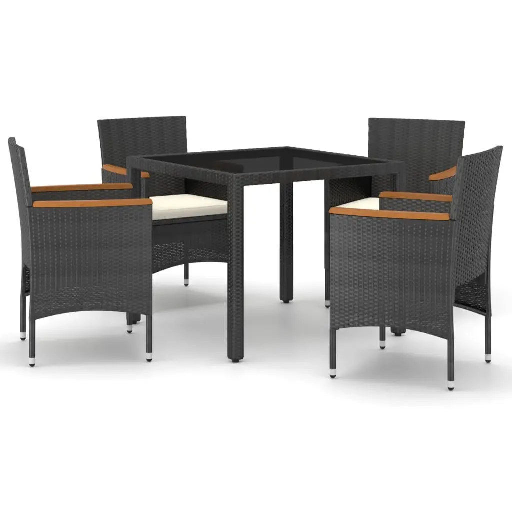 5 Piece Garden Dining Set Poly Rattan and Tempered Glass Black 3058414 - Furniture
