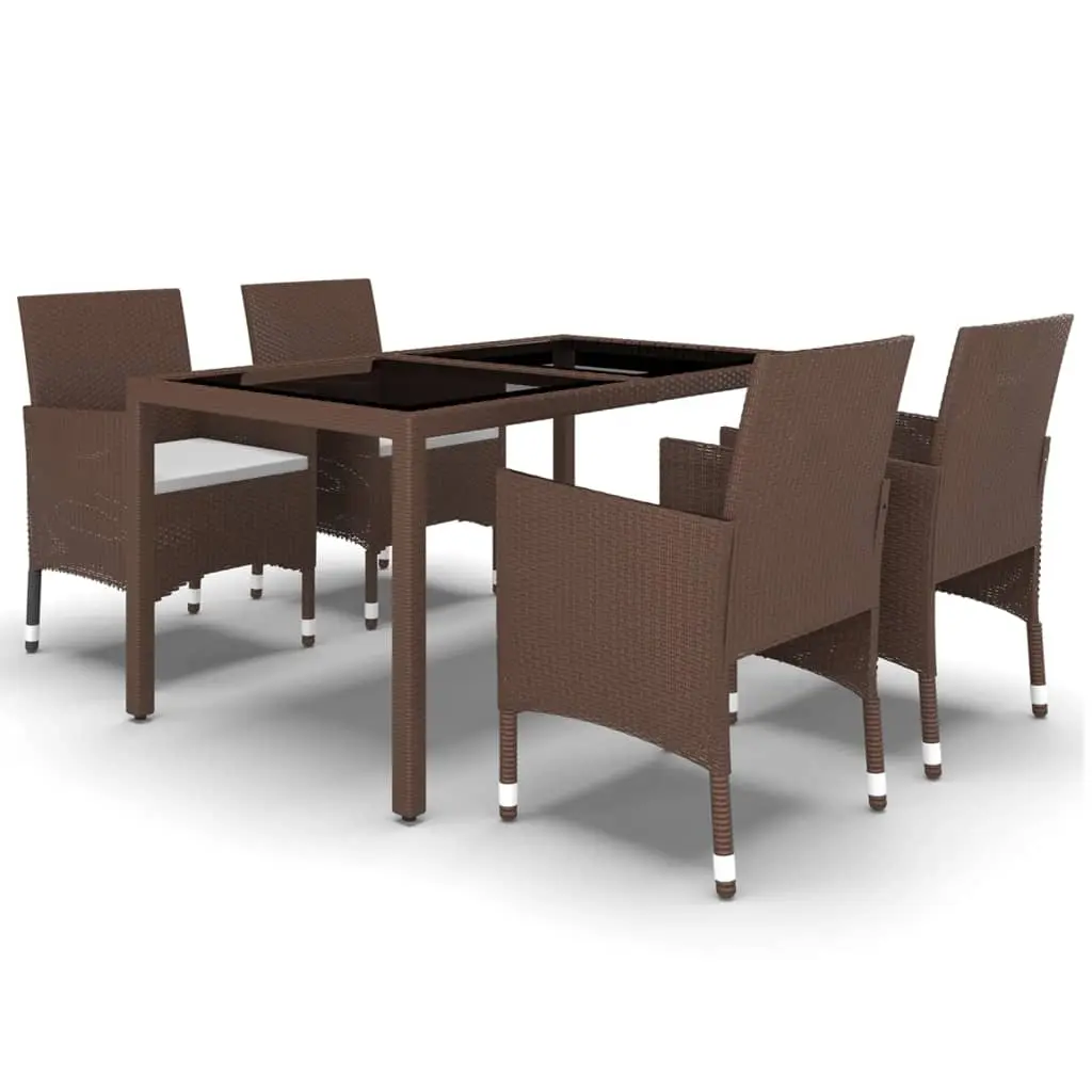 5 Piece Garden Dining Set Poly Rattan and Tempered Glass Brown 3058421 - Furniture
