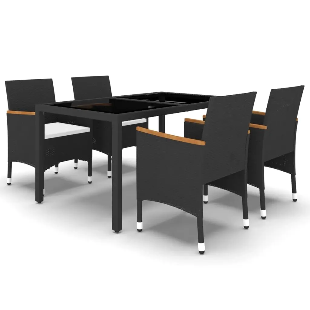 5 Piece Garden Dining Set Poly Rattan and Tempered Glass Black 3058424 - Furniture