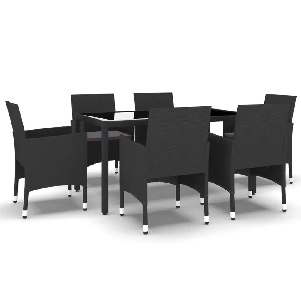 7 Piece Garden Dining Set Poly Rattan and Tempered Glass Black 3058428 - Furniture
