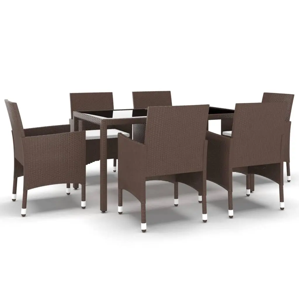 7 Piece Garden Dining Set Poly Rattan and Tempered Glass Brown 3058431 - Furniture
