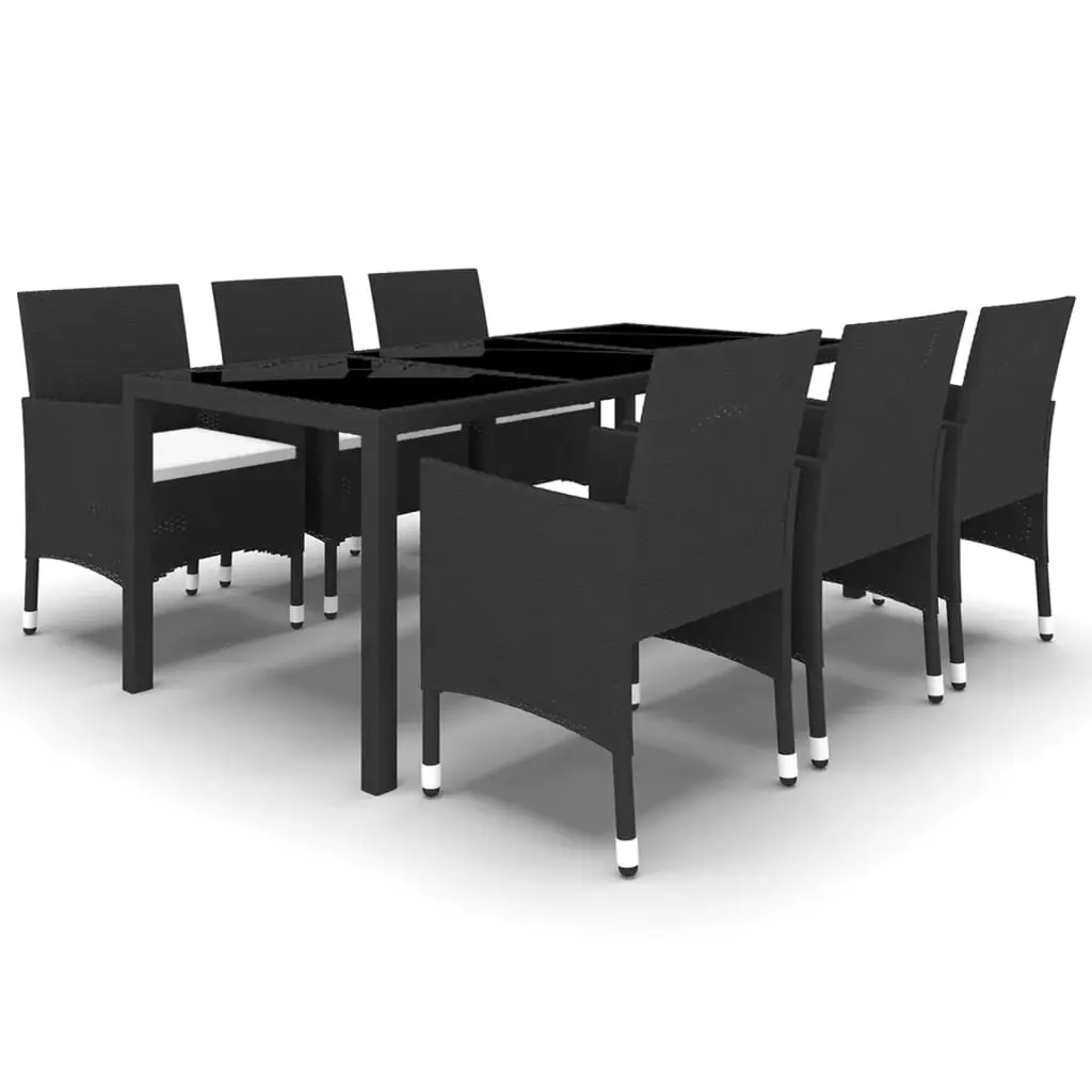 7 Piece Garden Dining Set Poly Rattan and Tempered Glass Black 3058438 - Furniture
