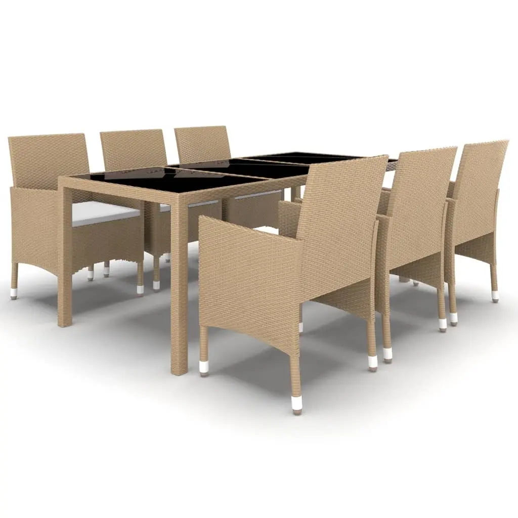 7 Piece Garden Dining Set Poly Rattan and Tempered Glass Beige 3058440 - Furniture