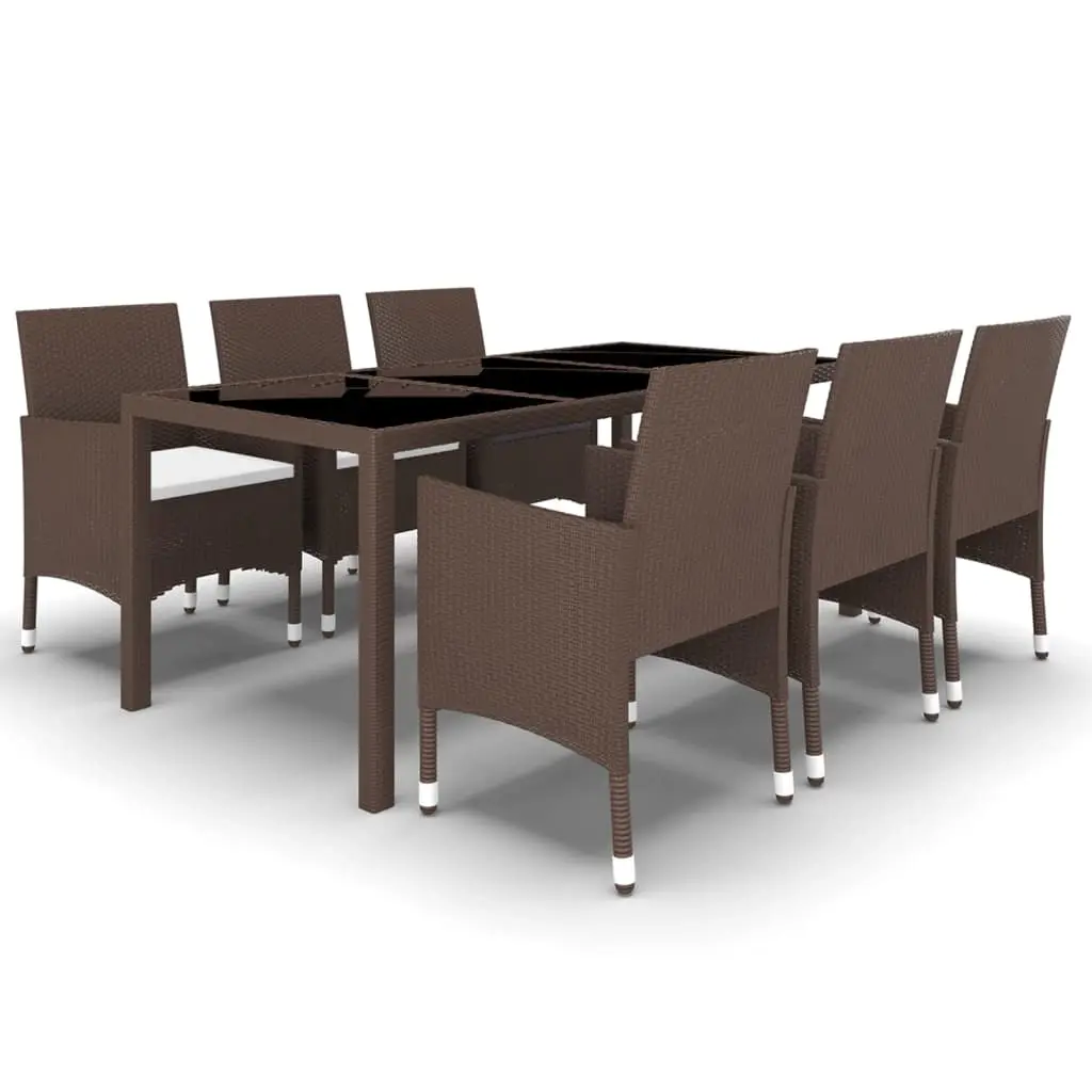 7 Piece Garden Dining Set Poly Rattan and Tempered Glass Brown 3058441 - Furniture