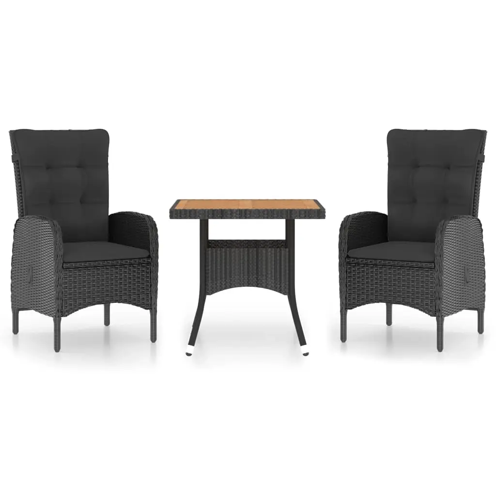 3 Piece Garden Dining Set Poly Rattan and Acacia Wood Black 3058527 - Furniture
