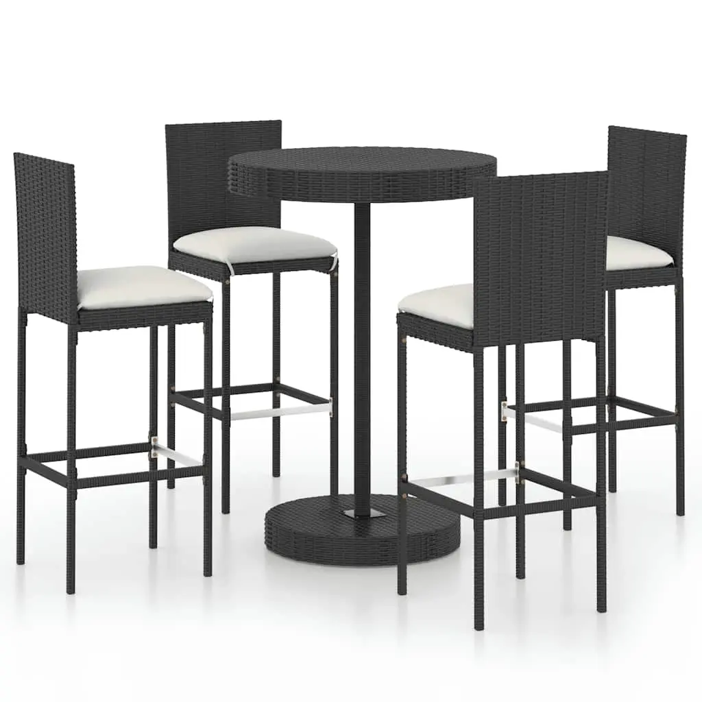 5 Piece Garden Bar Set with Cushions Poly Rattan Black 3064766 - Furniture