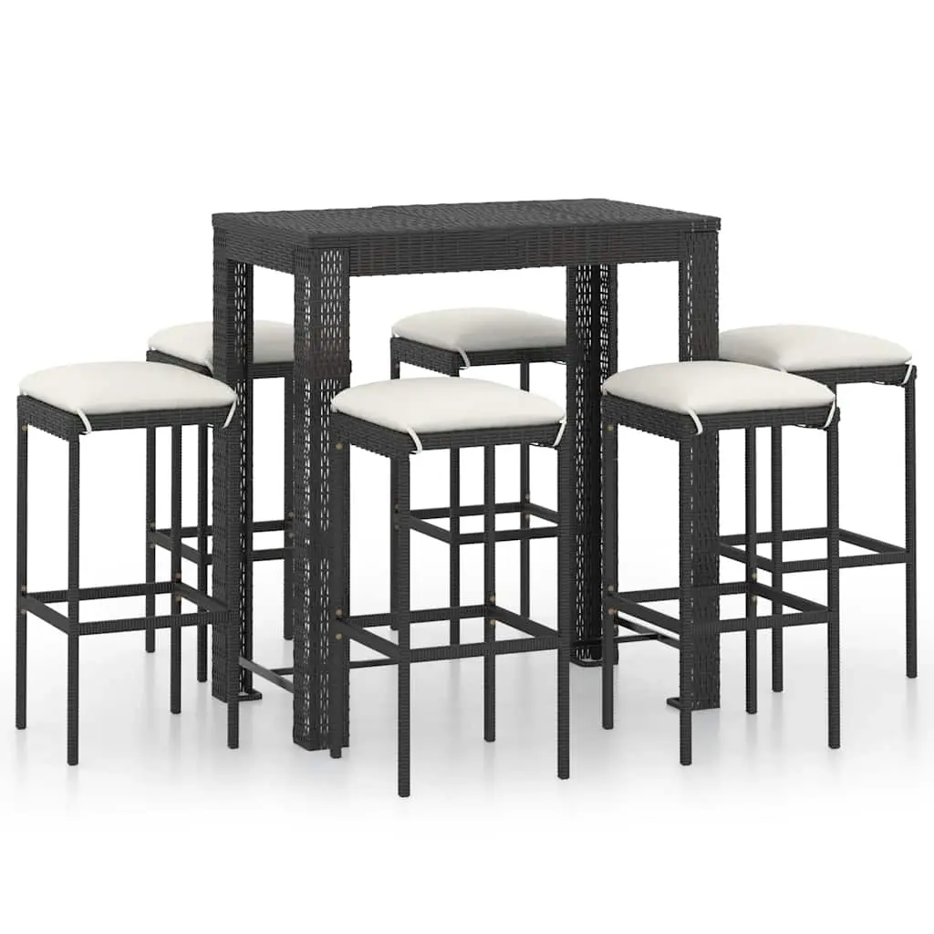 7 Piece Garden Bar Set with Cushions Poly Rattan Black 3064784 - Furniture