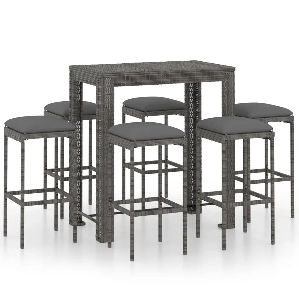 7 Piece Garden Bar Set with Cushions Poly Rattan Grey 3064785 - Furniture