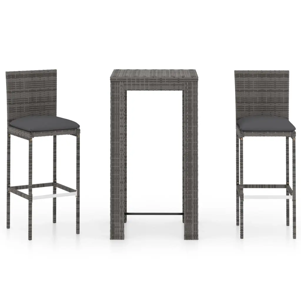 3 Piece Outdoor Bar Set with Cushions Poly Rattan Grey 3064793 - Furniture