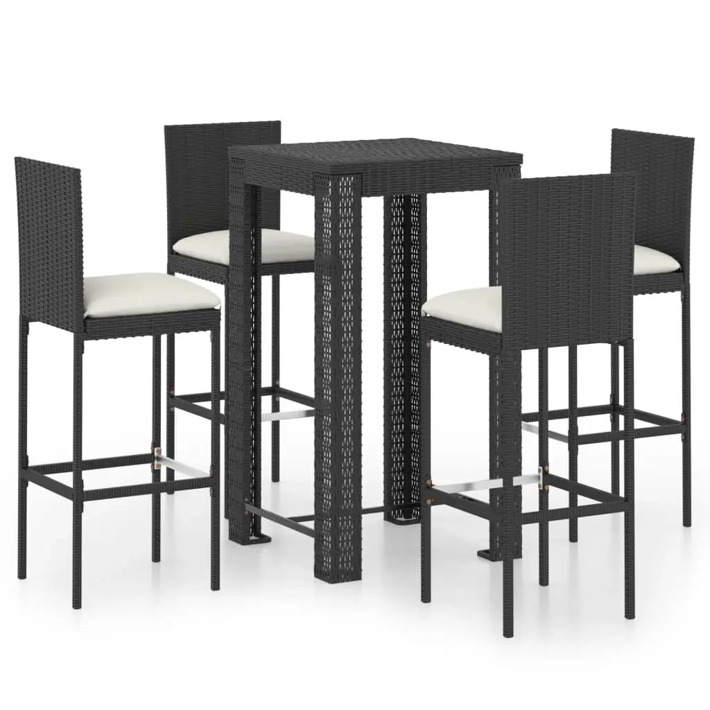 5 Piece Outdoor Bar Set with Cushions Poly Rattan Black 3064794 - Furniture