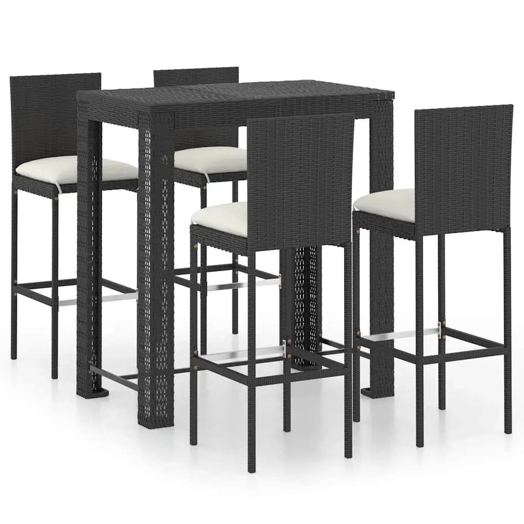 5 Piece Outdoor Bar Set with Cushions Poly Rattan Black 3064796 - Furniture