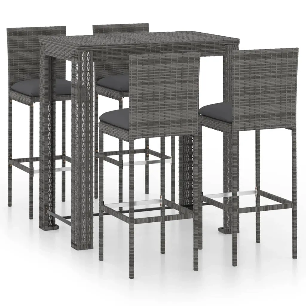 5 Piece Outdoor Bar Set with Cushions Poly Rattan Grey 3064797 - Furniture