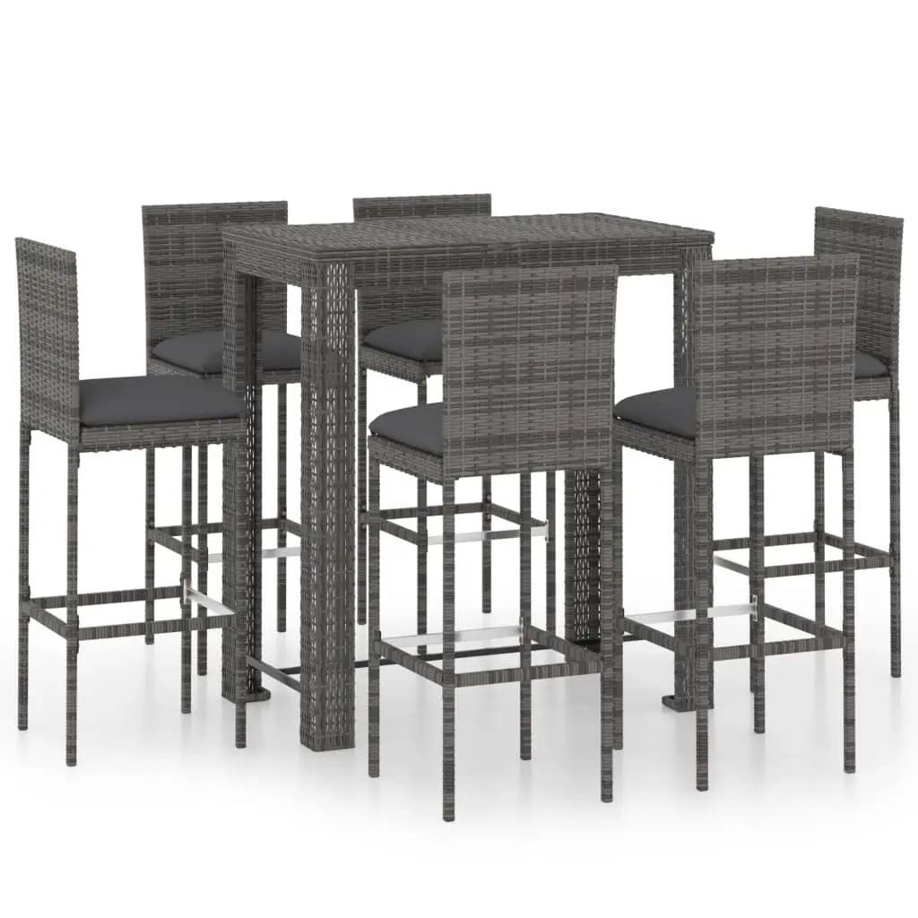 7 Piece Outdoor Bar Set with Cushions Poly Rattan Grey 3064799 - Furniture
