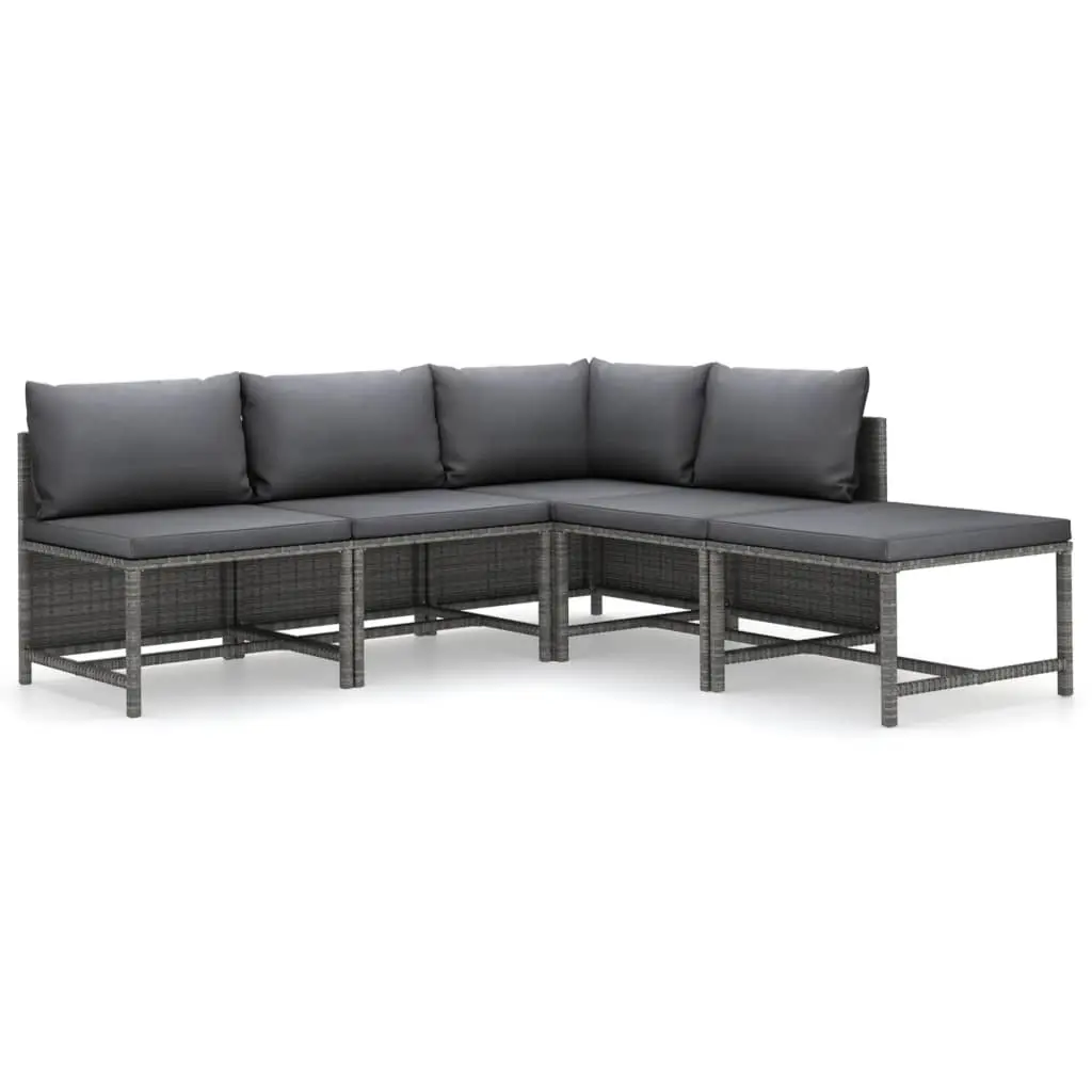 5 Piece Garden Lounge Set with Cushions Poly Rattan Grey 3059754 - Furniture