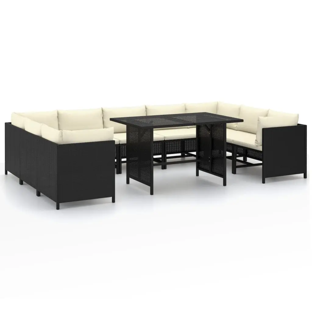 10 Piece Garden Lounge Set with Cushions Poly Rattan Black 3059795 - Furniture