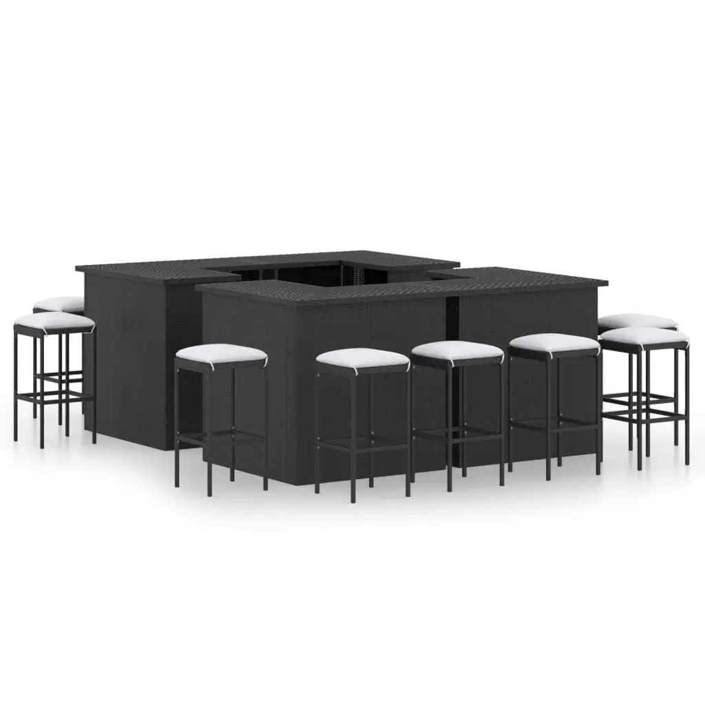 16 Piece Garden Bar Set with Cushions Poly Rattan Black 3064929 - Furniture