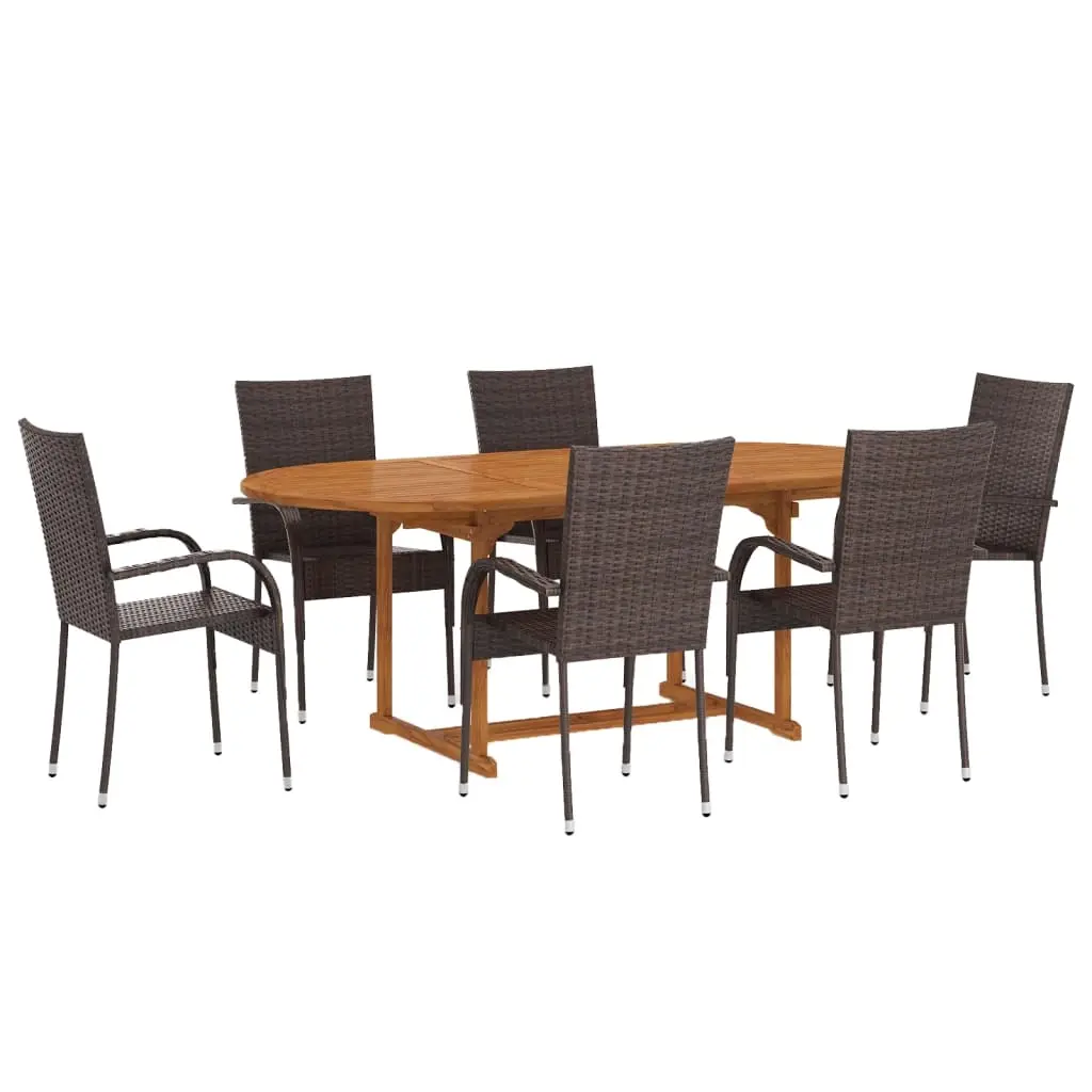 7 Piece Garden Dining Set Poly Rattan Brown 3070757 - Furniture