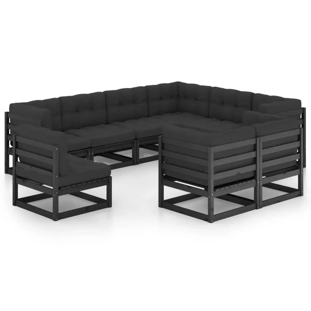 9 Piece Garden Lounge Set with Cushions Black Solid Pinewood 3076858 - Furniture