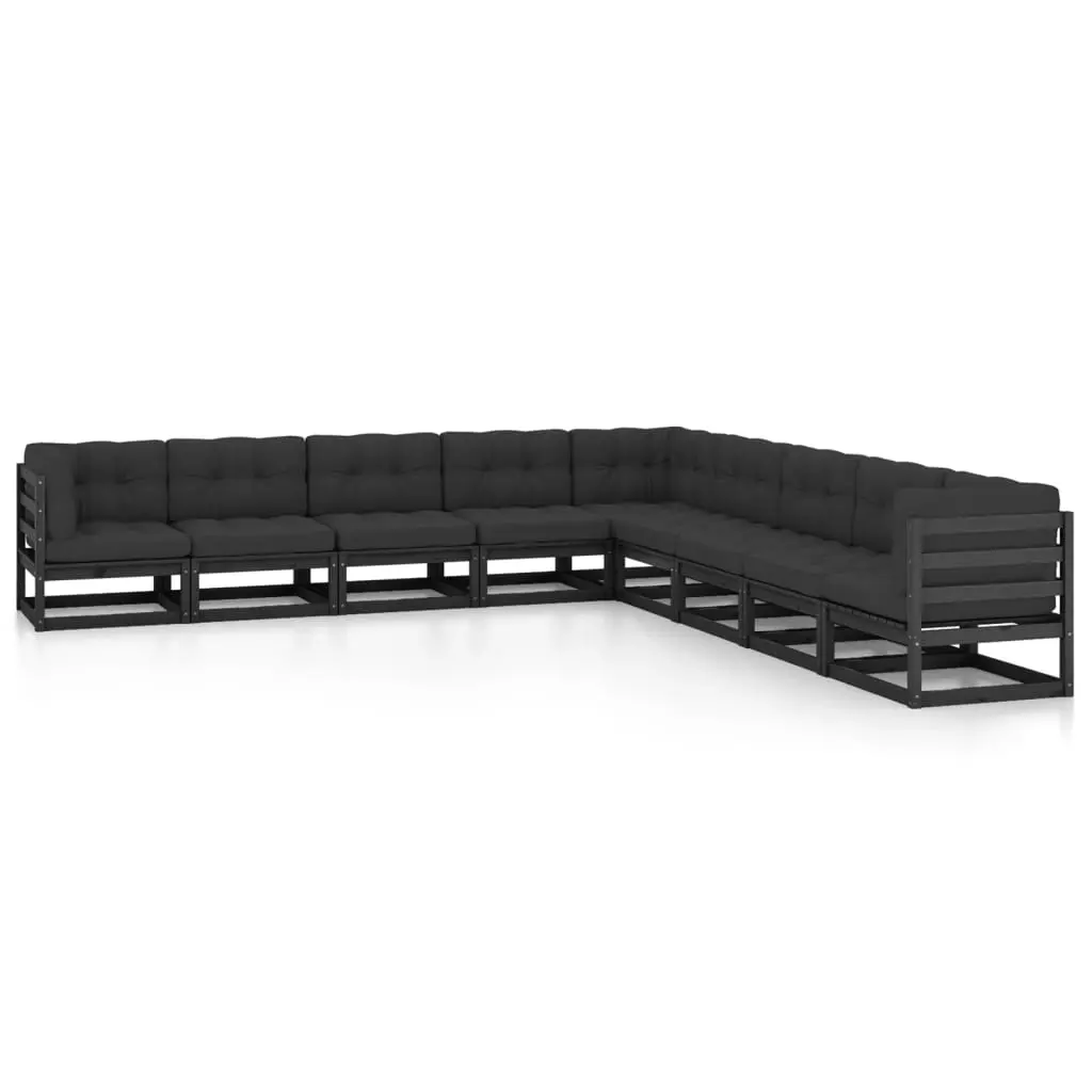 9 Piece Garden Lounge Set with Cushions Black Solid Pinewood 3076898 - Furniture