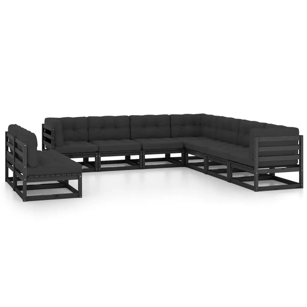 9 Piece Garden Lounge Set with Cushions Black Solid Pinewood 3076908 - Furniture
