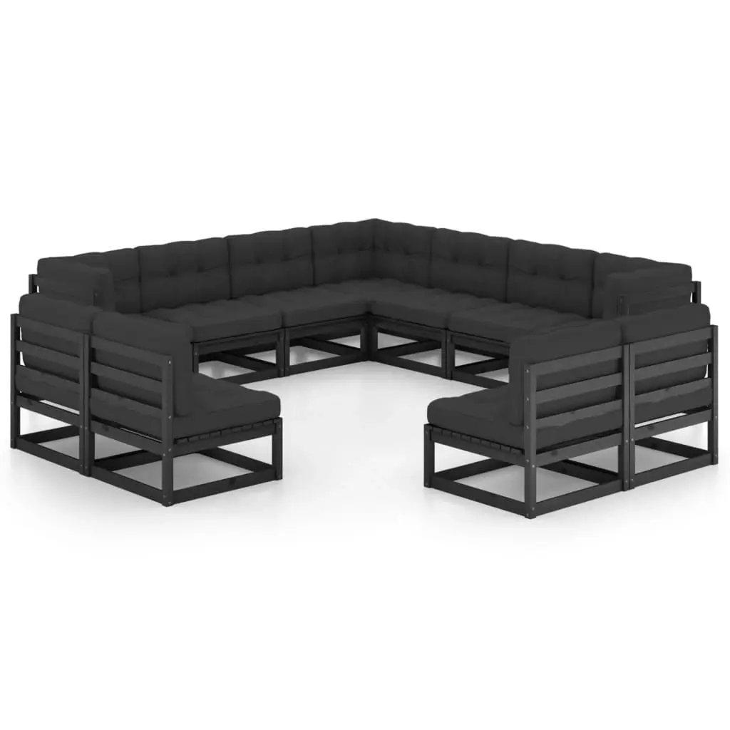 11 Piece Garden Lounge Set with Cushions Black Solid Pinewood 3076938 - Furniture