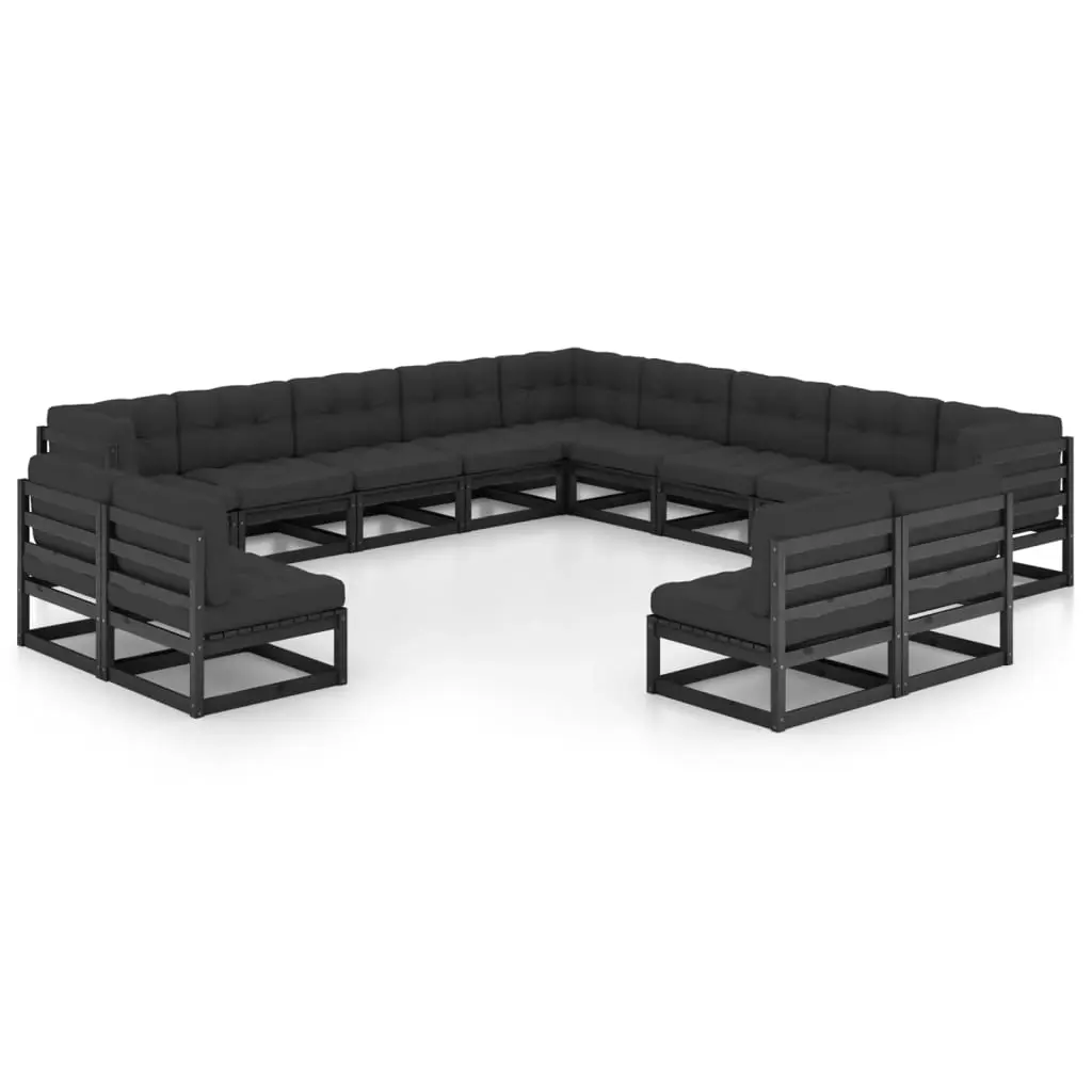 13 Piece Garden Lounge Set with Cushions Black Solid Pinewood 3076958 - Furniture