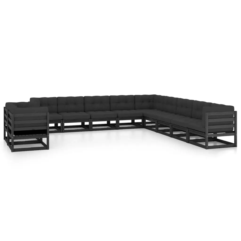 11 Piece Garden Lounge Set with Cushions Black Solid Pinewood 3076988 - Furniture
