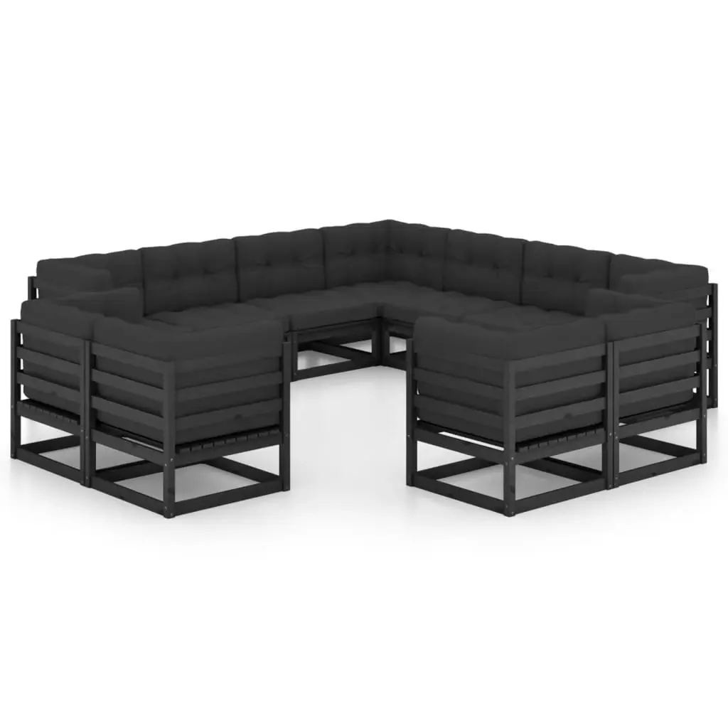 11 Piece Garden Lounge Set with Cushions Black Solid Pinewood 3076998 - Furniture