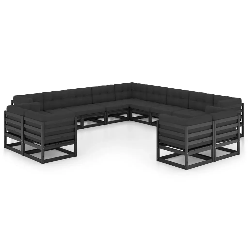 13 Piece Garden Lounge Set with Cushions Black Solid Pinewood 3077018 - Furniture