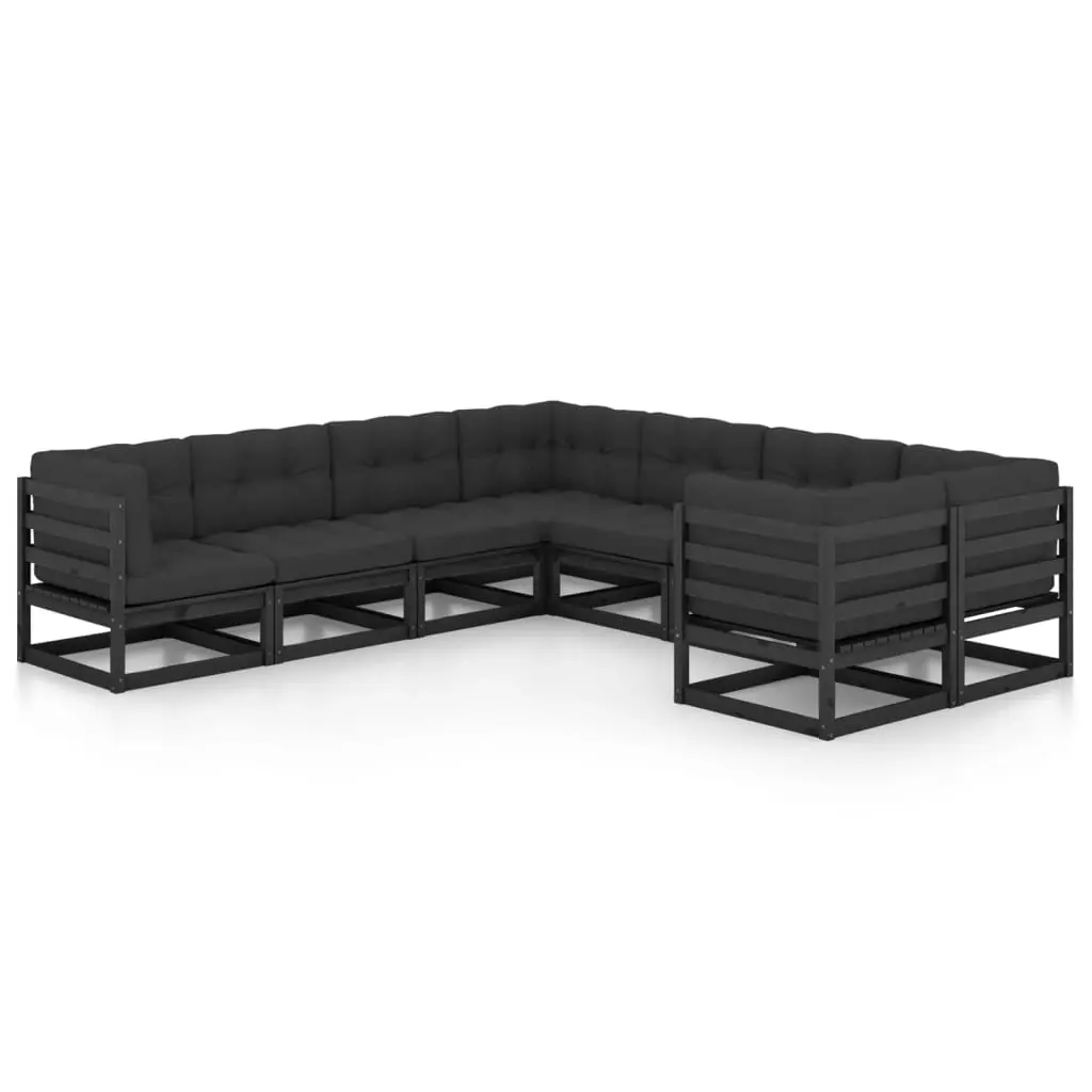 8 Piece Garden Lounge Set with Cushions Black Solid Pinewood 3077028 - Furniture