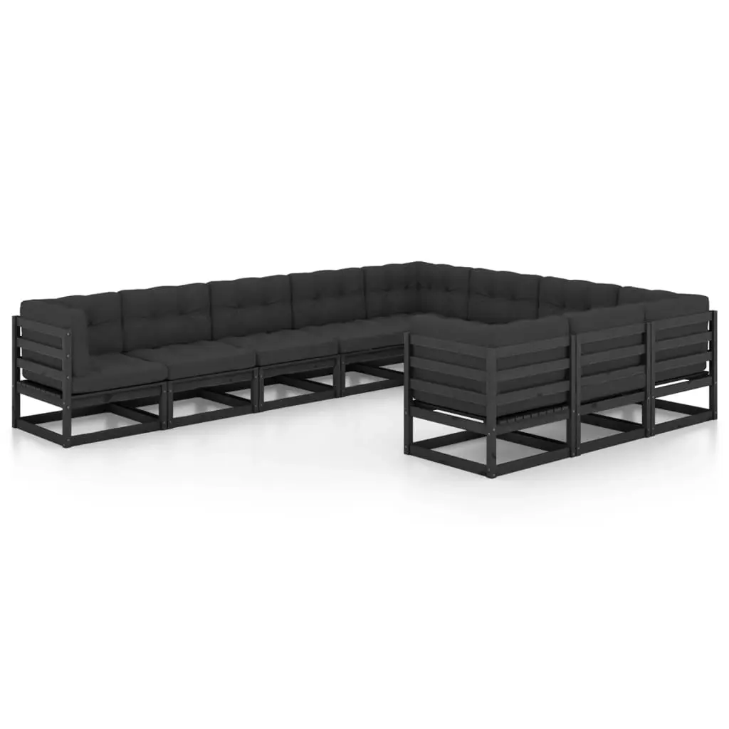 10 Piece Garden Lounge Set with Cushions Black Solid Pinewood 3077048 - Furniture