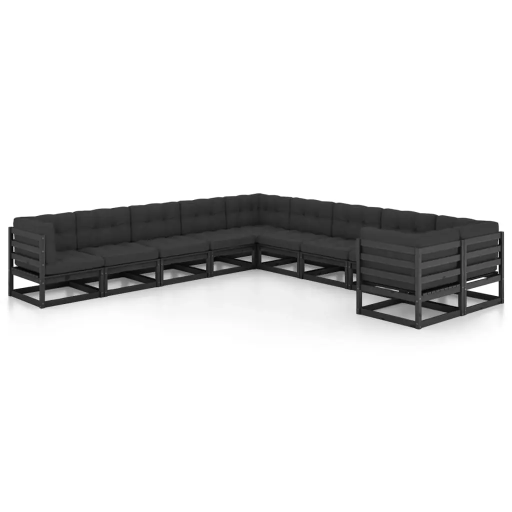 10 Piece Garden Lounge Set with Cushions Black Solid Pinewood 3077058 - Furniture
