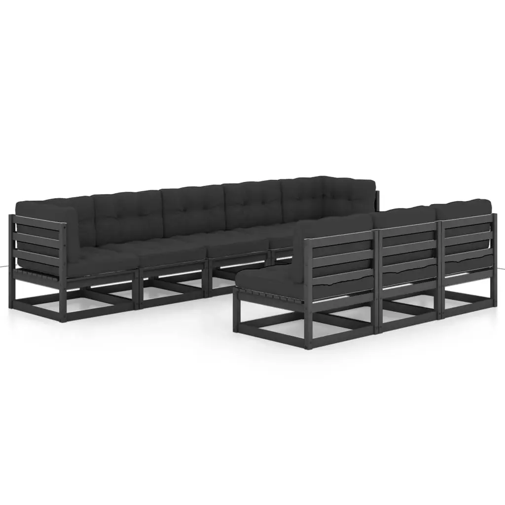 8 Piece Garden Lounge Set with Cushions Black Solid Pinewood 3077148 - Furniture