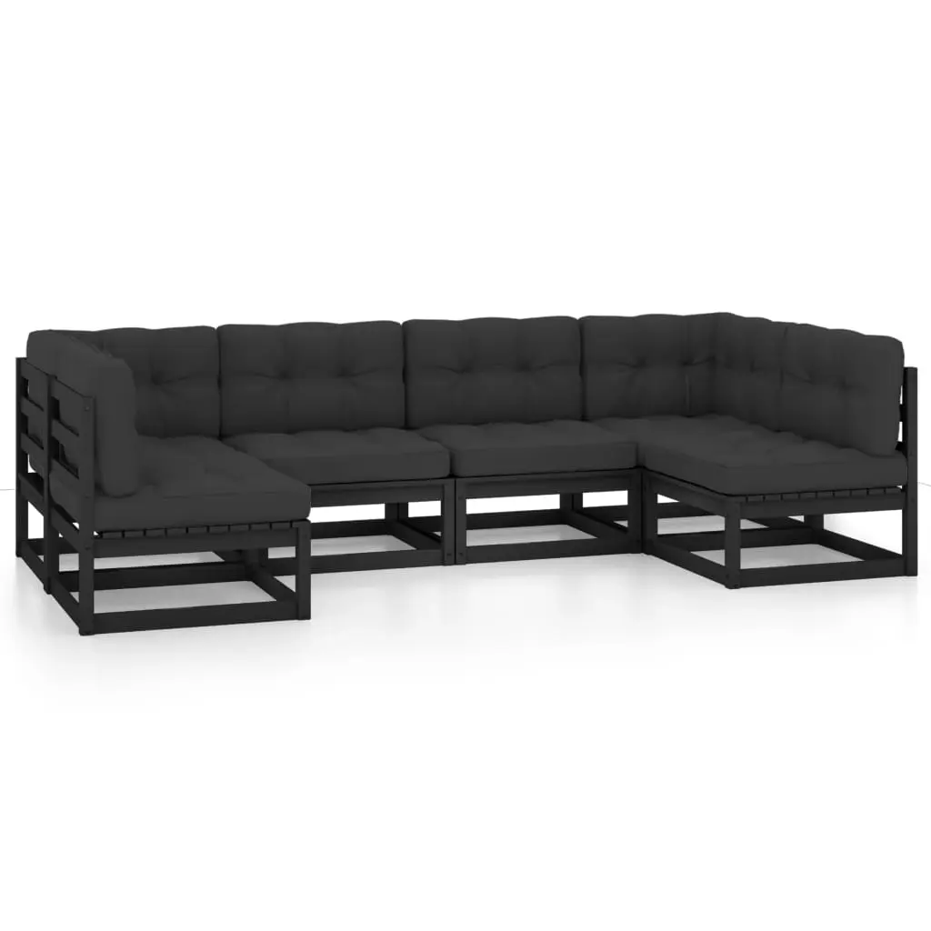 6 Piece Garden Lounge Set with Cushions Black Solid Pinewood 3077178 - Furniture