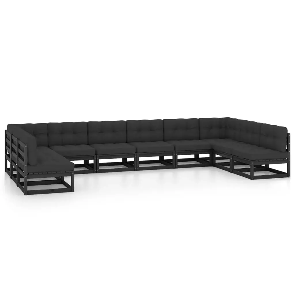 10 Piece Garden Lounge Set with Cushions Black Solid Pinewood 3077208 - Furniture
