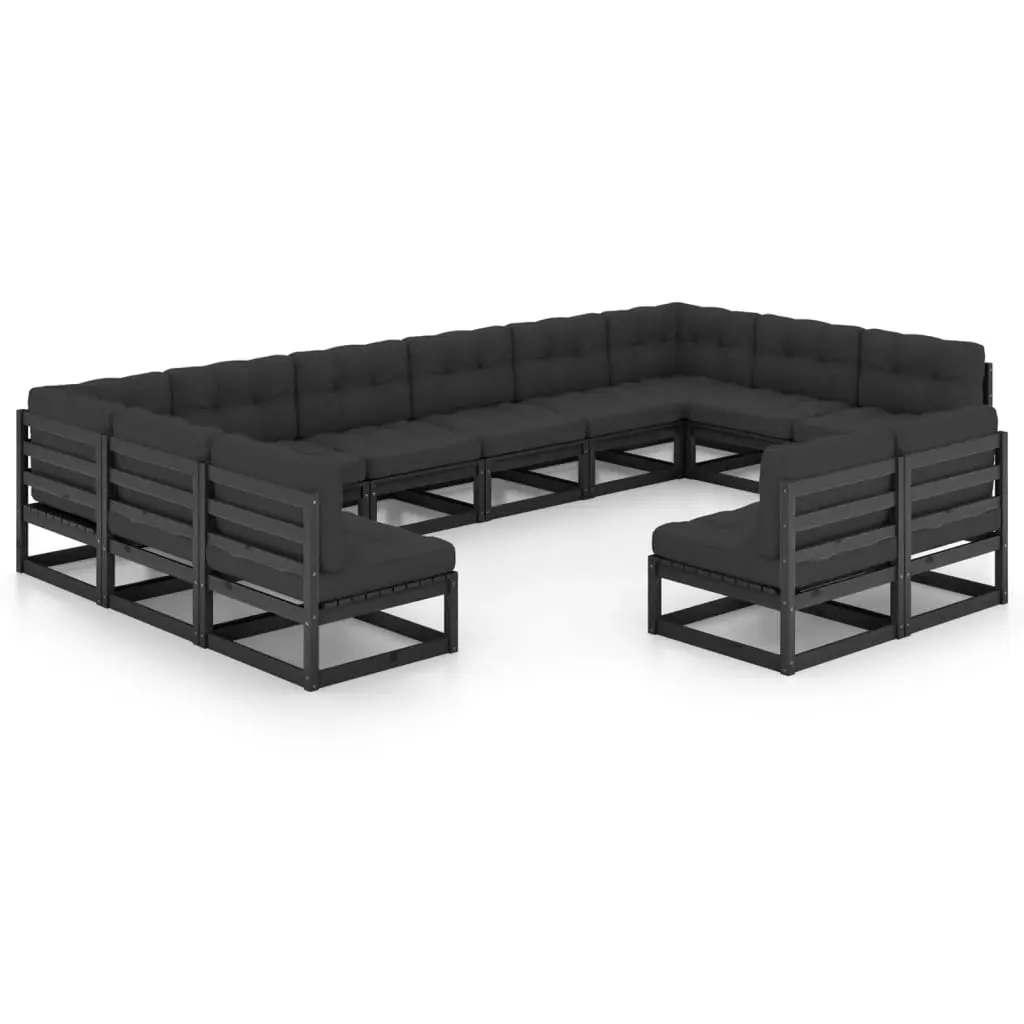 12 Piece Garden Lounge Set with Cushions Black Solid Pinewood 3077238 - Furniture